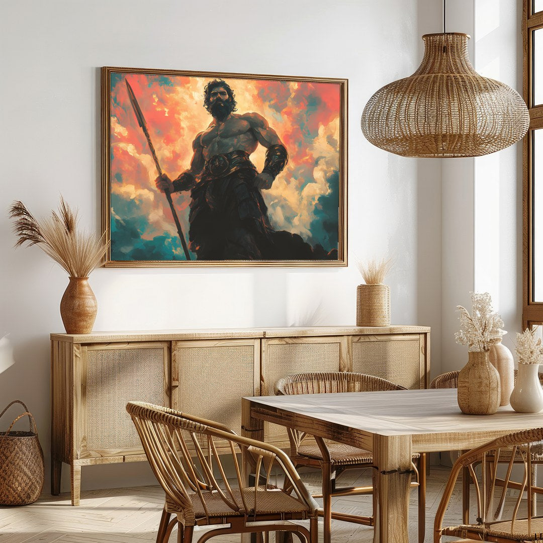 This mesmerizing artwork depicts a powerful warrior standing majestically against a backdrop of for Dining