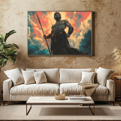 This mesmerizing artwork depicts a powerful warrior standing majestically against a backdrop of for Family Room