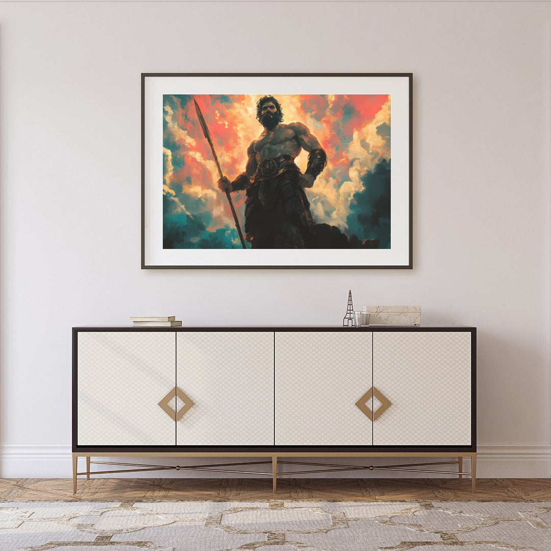 This mesmerizing artwork depicts a powerful warrior standing majestically against a backdrop of for Foyer