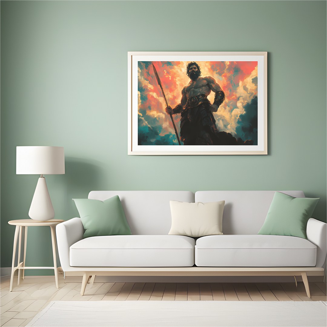 This mesmerizing artwork depicts a powerful warrior standing majestically against a backdrop of for Hall