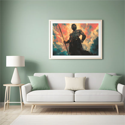 This mesmerizing artwork depicts a powerful warrior standing majestically against a backdrop of for Hall