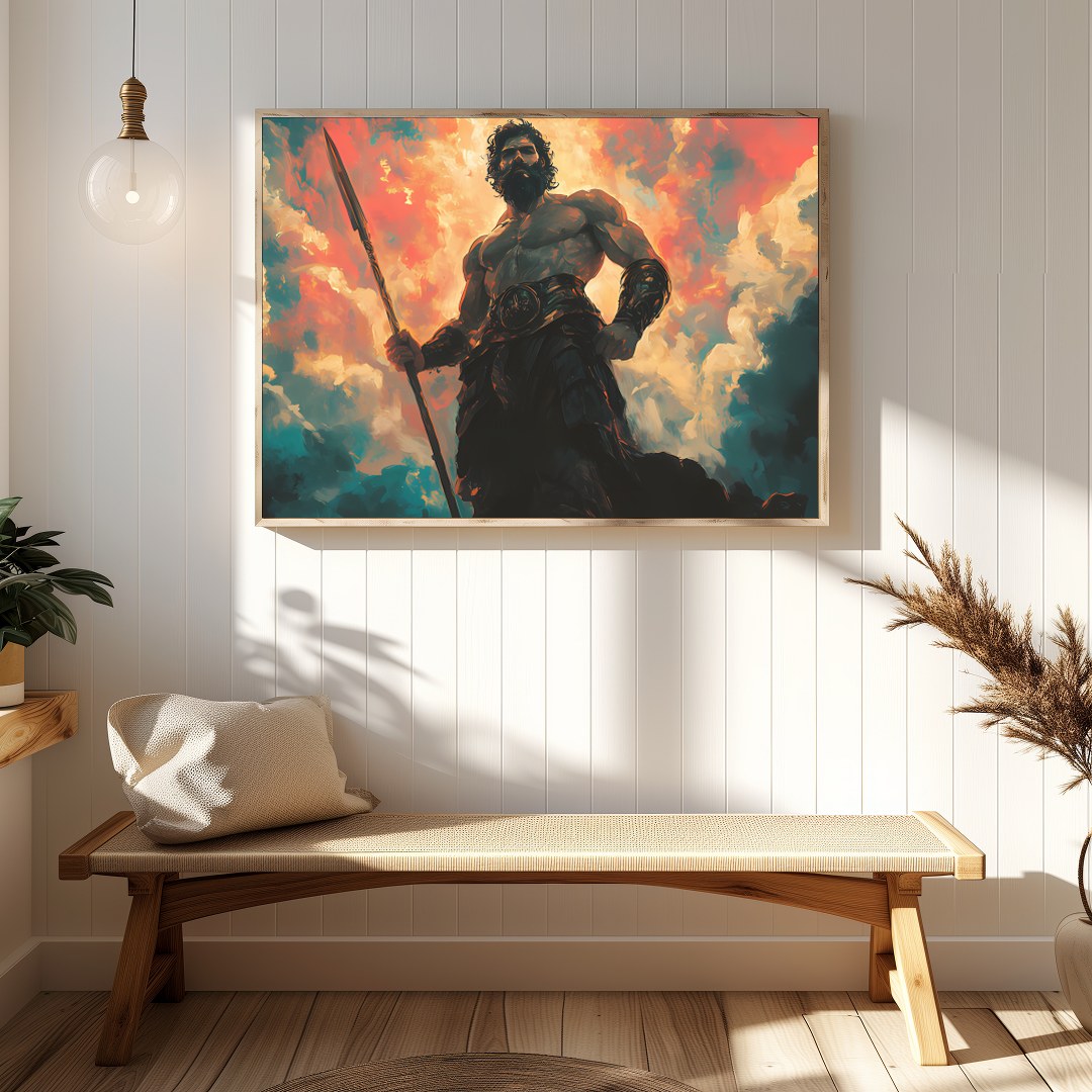 This mesmerizing artwork depicts a powerful warrior standing majestically against a backdrop of for Hallway