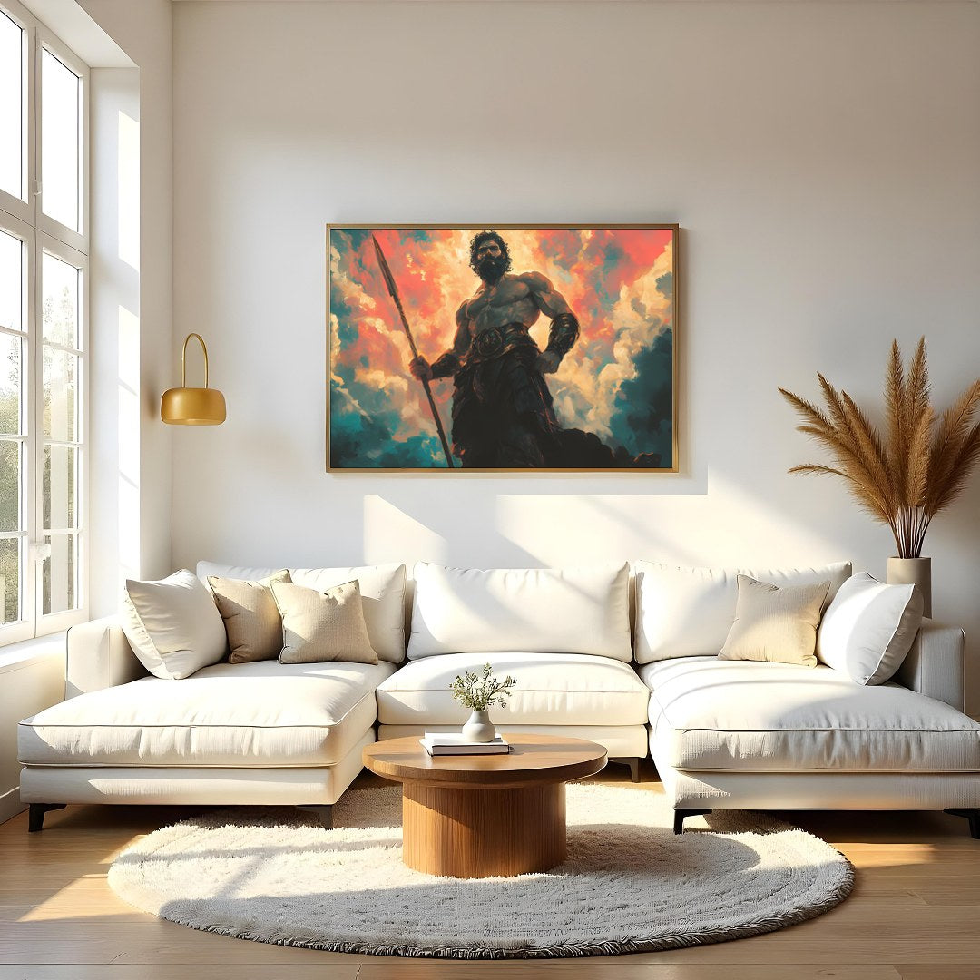 This mesmerizing artwork depicts a powerful warrior standing majestically against a backdrop of for Living Room