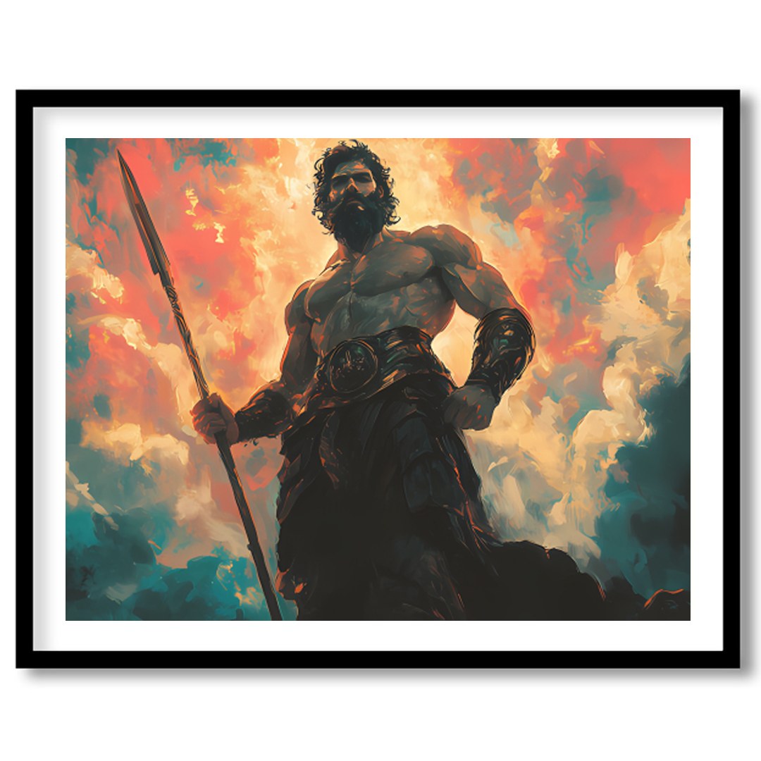 This mesmerizing artwork depicts a powerful warrior standing majestically against a backdrop of for office