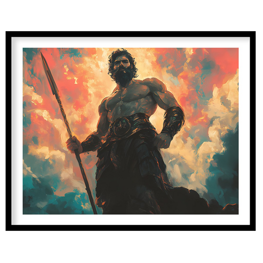 This mesmerizing artwork depicts a powerful warrior standing majestically against a backdrop of for office