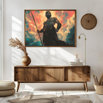 This mesmerizing artwork depicts a powerful warrior standing majestically against a backdrop of for Sitting Area