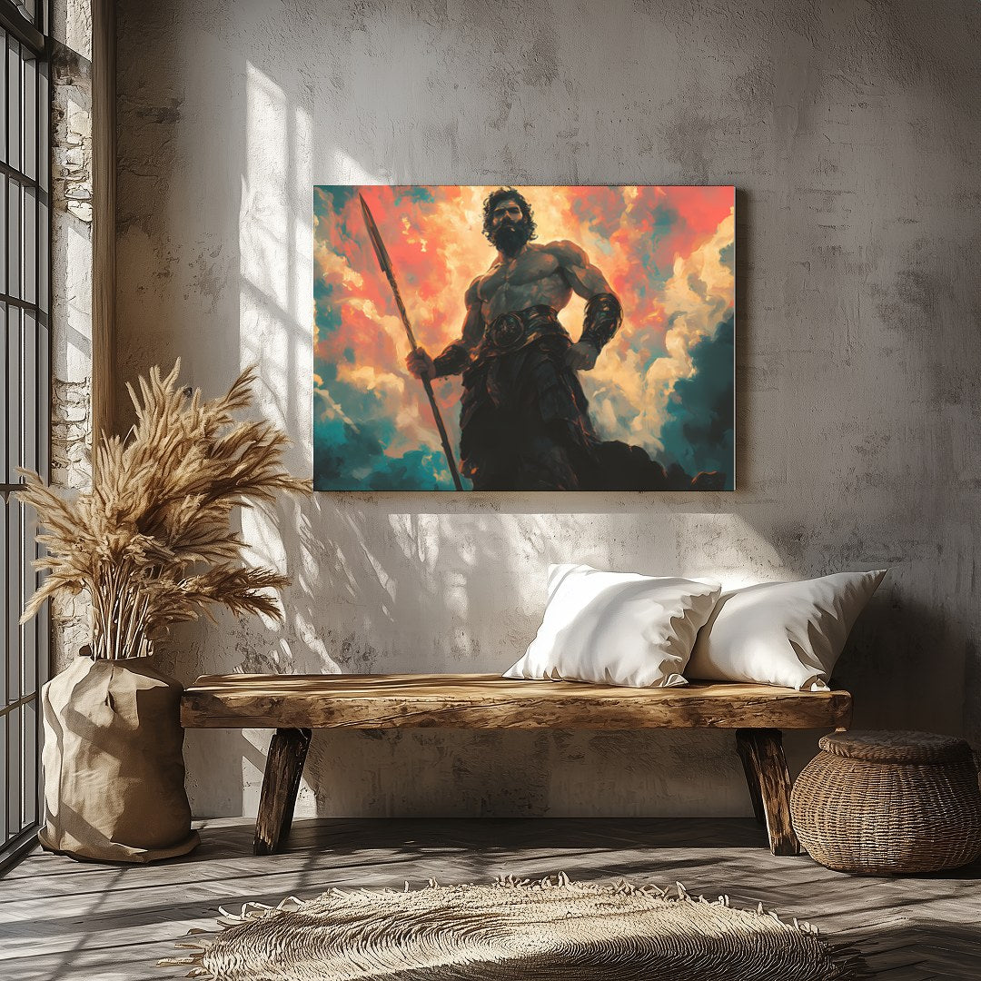 This mesmerizing artwork depicts a powerful warrior standing majestically against a backdrop of for Veranda