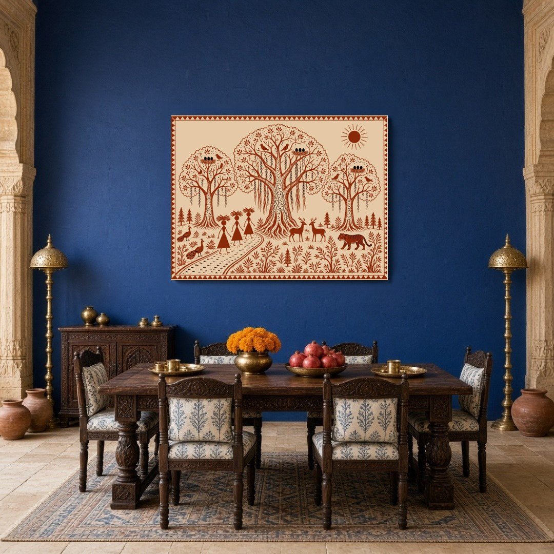 Experience the enchanting beauty of Warli art with this illustration, showcasing a harmonious blend for Dining