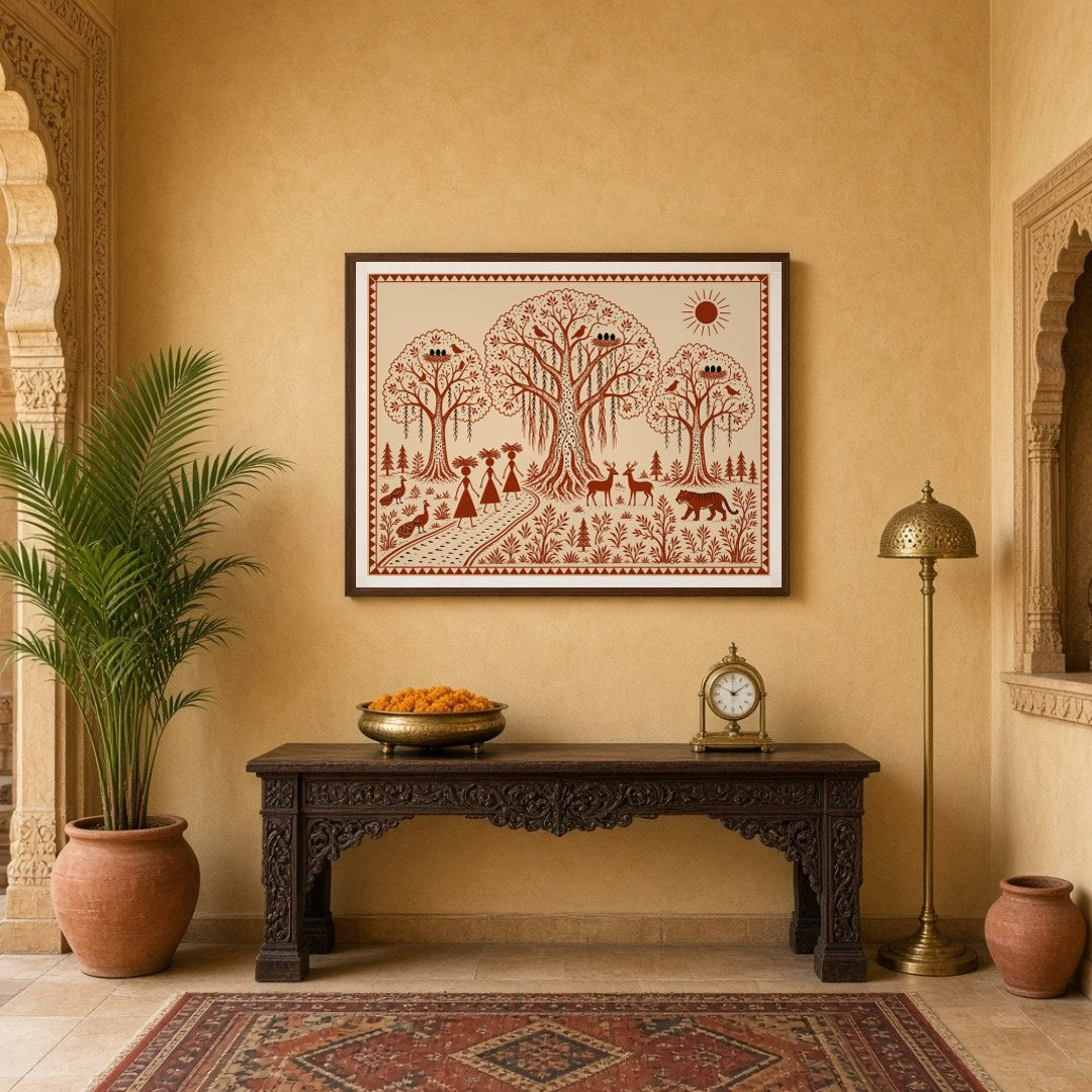 Experience the enchanting beauty of Warli art with this illustration, showcasing a harmonious blend for Entrance