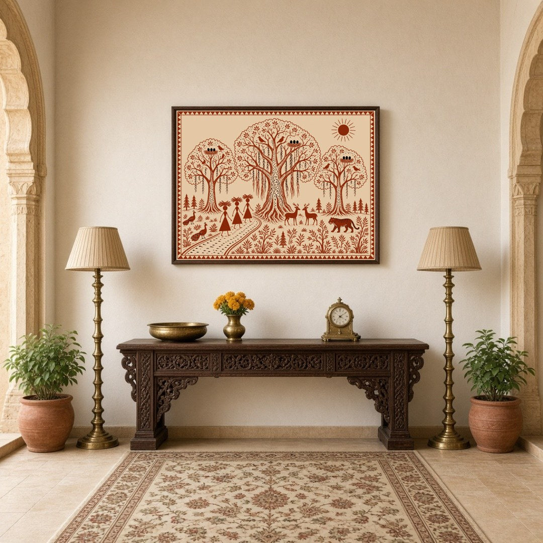 Experience the enchanting beauty of Warli art with this illustration, showcasing a harmonious blend for Hallway