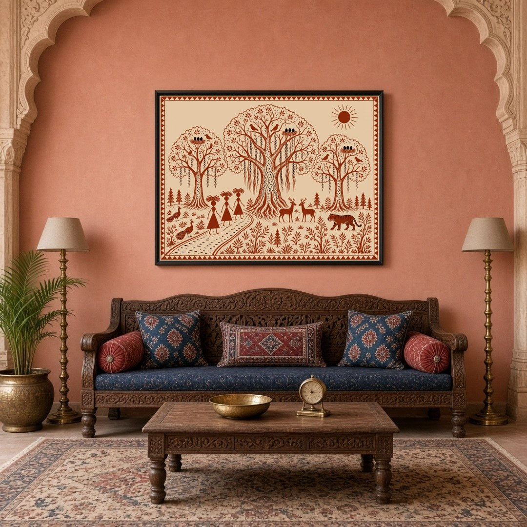 Experience the enchanting beauty of Warli art with this illustration, showcasing a harmonious blend for Living Room