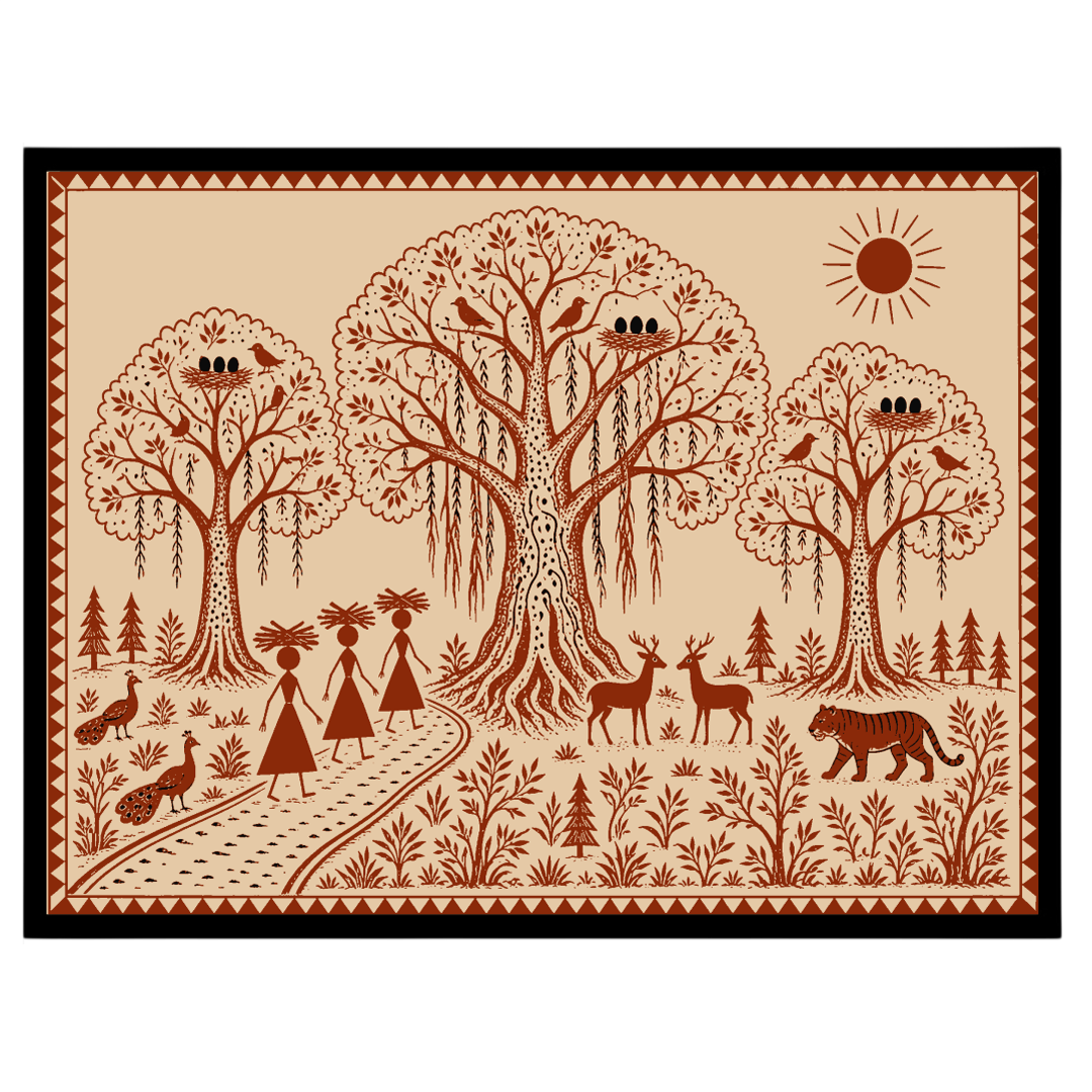 Experience the enchanting beauty of Warli art with this illustration, showcasing a harmonious blend for nook