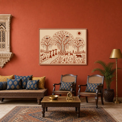 Experience the enchanting beauty of Warli art with this illustration, showcasing a harmonious blend for Sitting Area