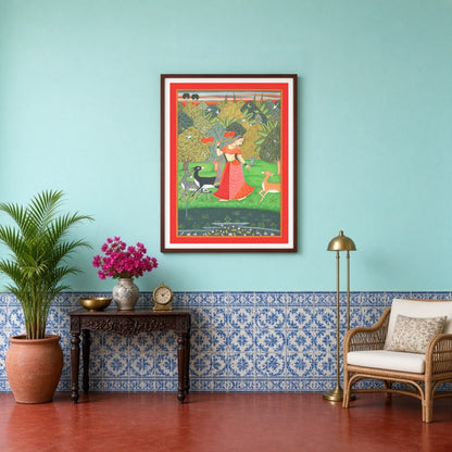 Step into a serene sanctuary with this exquisite Pichwai art print depicting a Nayika gracefully for Entrance