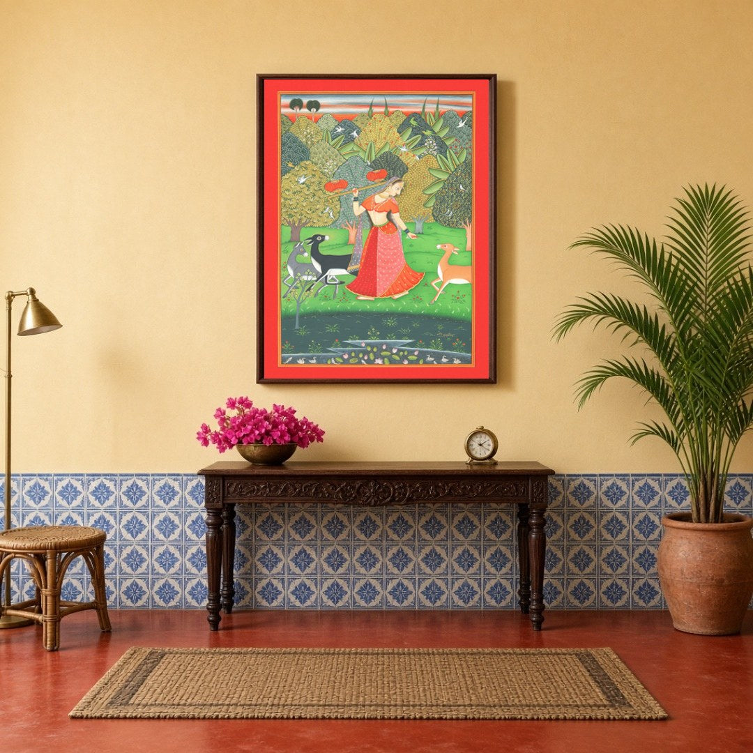 Step into a serene sanctuary with this exquisite Pichwai art print depicting a Nayika gracefully for Hallway