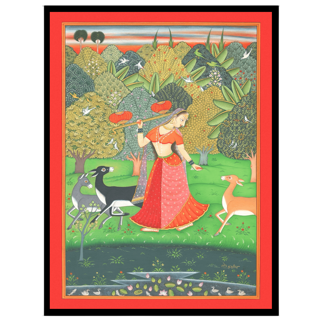 Step into a serene sanctuary with this exquisite Pichwai art print depicting a Nayika gracefully for home