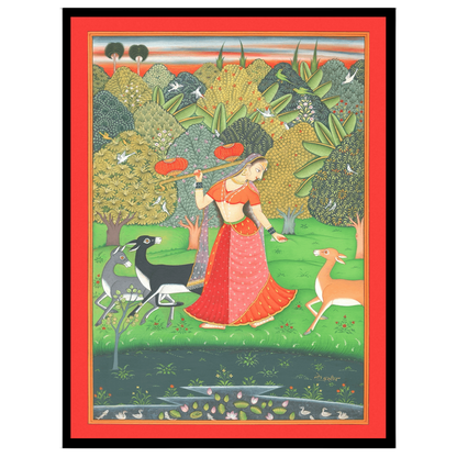 Step into a serene sanctuary with this exquisite Pichwai art print depicting a Nayika gracefully for home