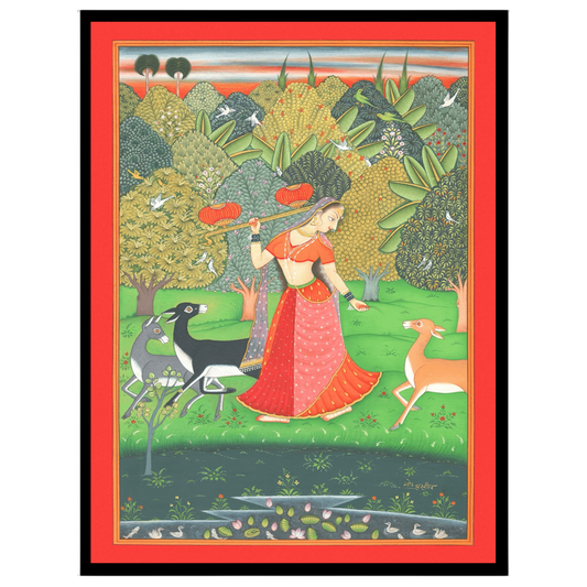 Step into a serene sanctuary with this exquisite Pichwai art print depicting a Nayika gracefully for home