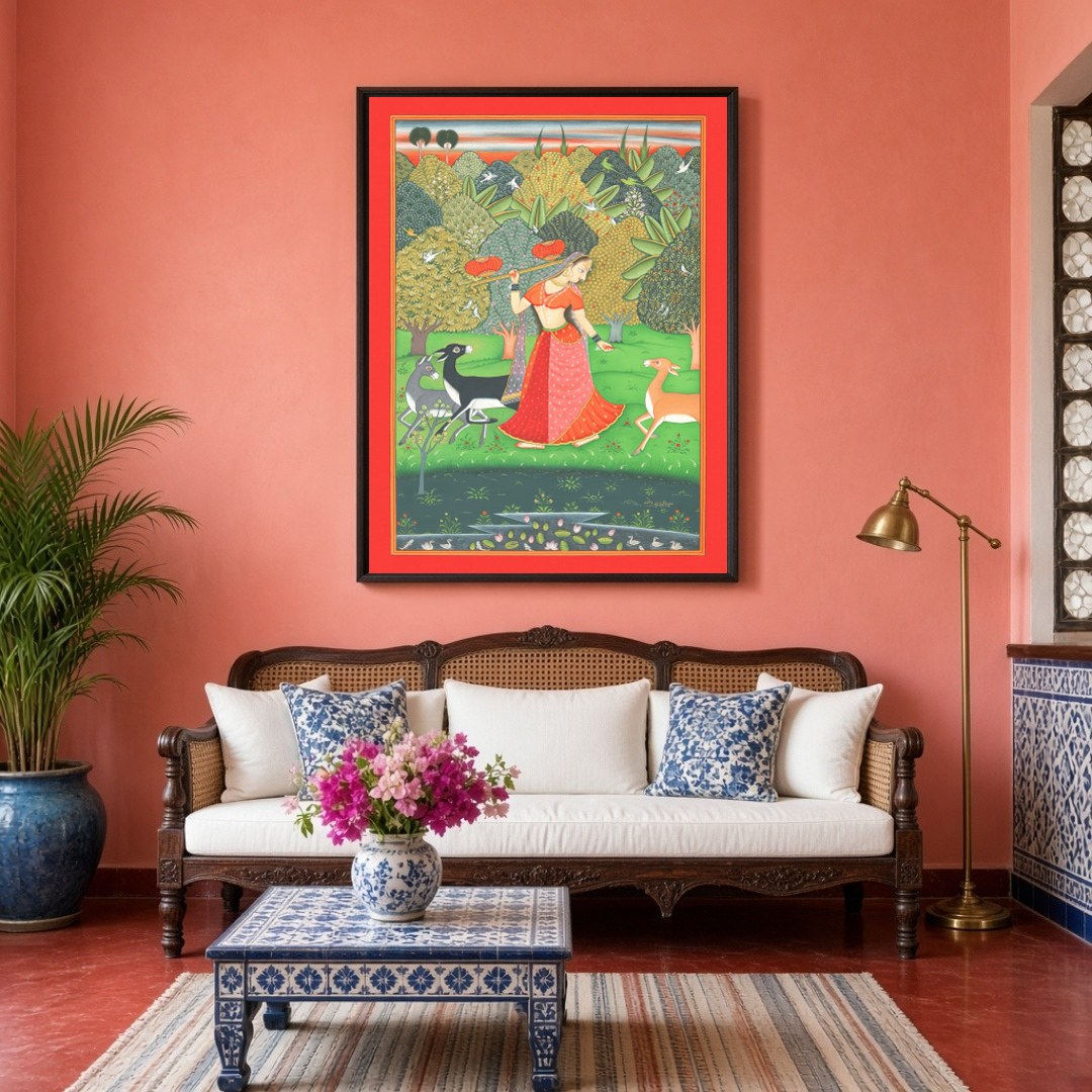 Step into a serene sanctuary with this exquisite Pichwai art print depicting a Nayika gracefully for Living Room