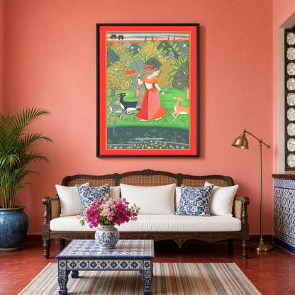 Step into a serene sanctuary with this exquisite Pichwai art print depicting a Nayika gracefully for Living Room