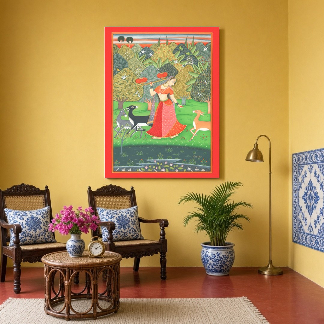 Step into a serene sanctuary with this exquisite Pichwai art print depicting a Nayika gracefully for Sitting Area