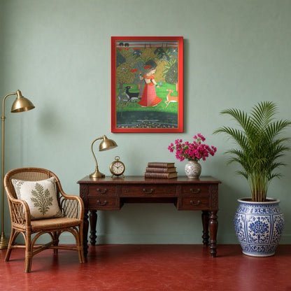 Step into a serene sanctuary with this exquisite Pichwai art print depicting a Nayika gracefully for Study