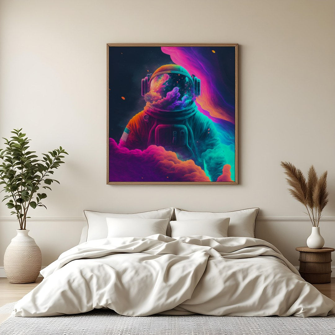 Elevate your space with this stunning art piece featuring a cosmic astronaut surrounded by for Bedroom