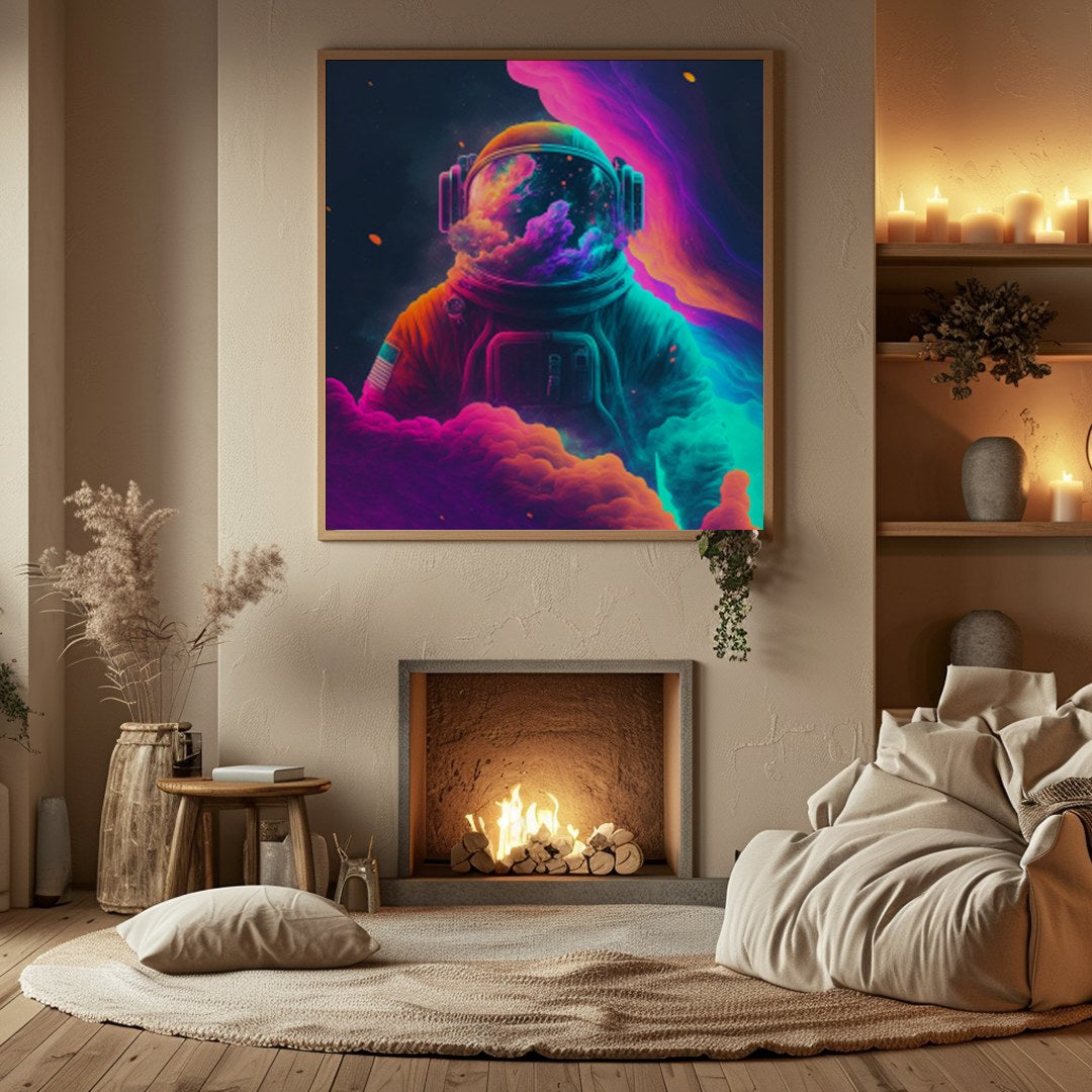 Elevate your space with this stunning art piece featuring a cosmic astronaut surrounded by for Hall