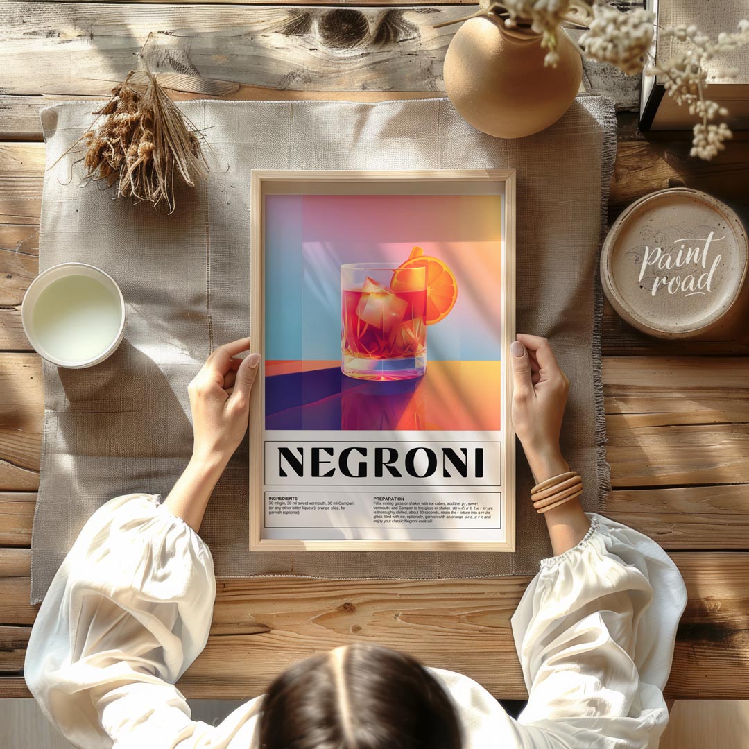 This bold and vibrant poster features a classic Negroni cocktail, depicted in a sturdy rocks glass … for dining room