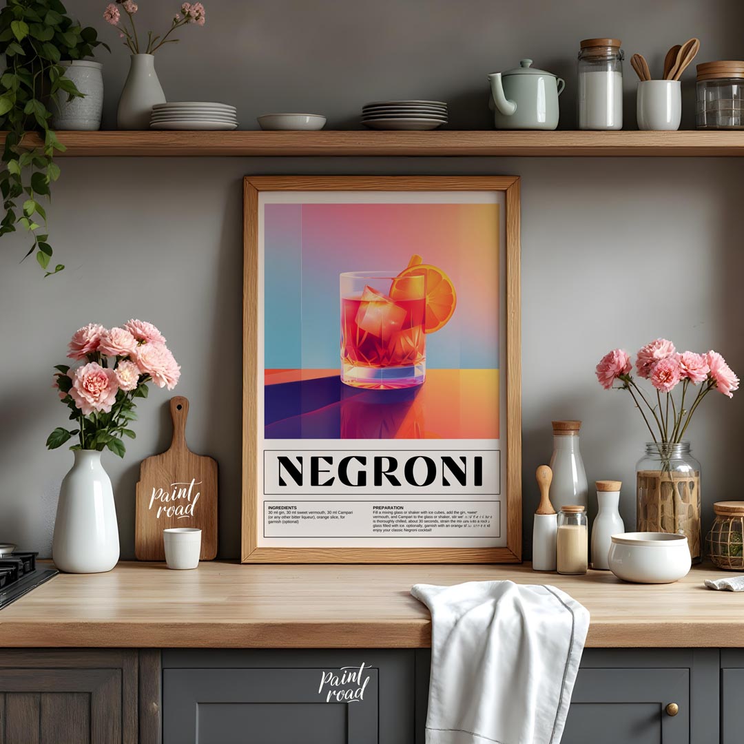 This bold and vibrant poster features a classic Negroni cocktail, depicted in a sturdy rocks glass … for kitchen
