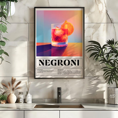 This bold and vibrant poster features a classic Negroni cocktail, depicted in a sturdy rocks glass … for kitchen