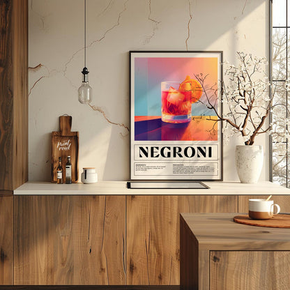This bold and vibrant poster features a classic Negroni cocktail, depicted in a sturdy rocks glass … for kitchen