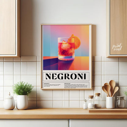 This bold and vibrant poster features a classic Negroni cocktail, depicted in a sturdy rocks glass … for kitchen
