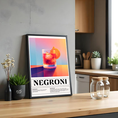 This bold and vibrant poster features a classic Negroni cocktail, depicted in a sturdy rocks glass … for kitchen