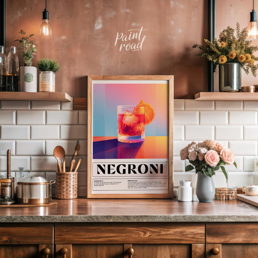 This bold and vibrant poster features a classic Negroni cocktail, depicted in a sturdy rocks glass … for kitchen