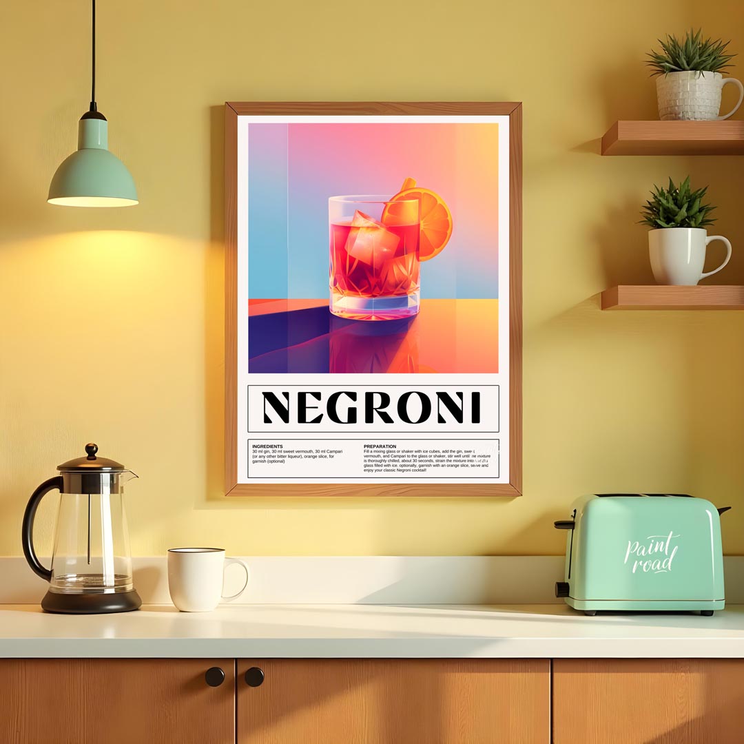 This bold and vibrant poster features a classic Negroni cocktail, depicted in a sturdy rocks glass … for kitchen