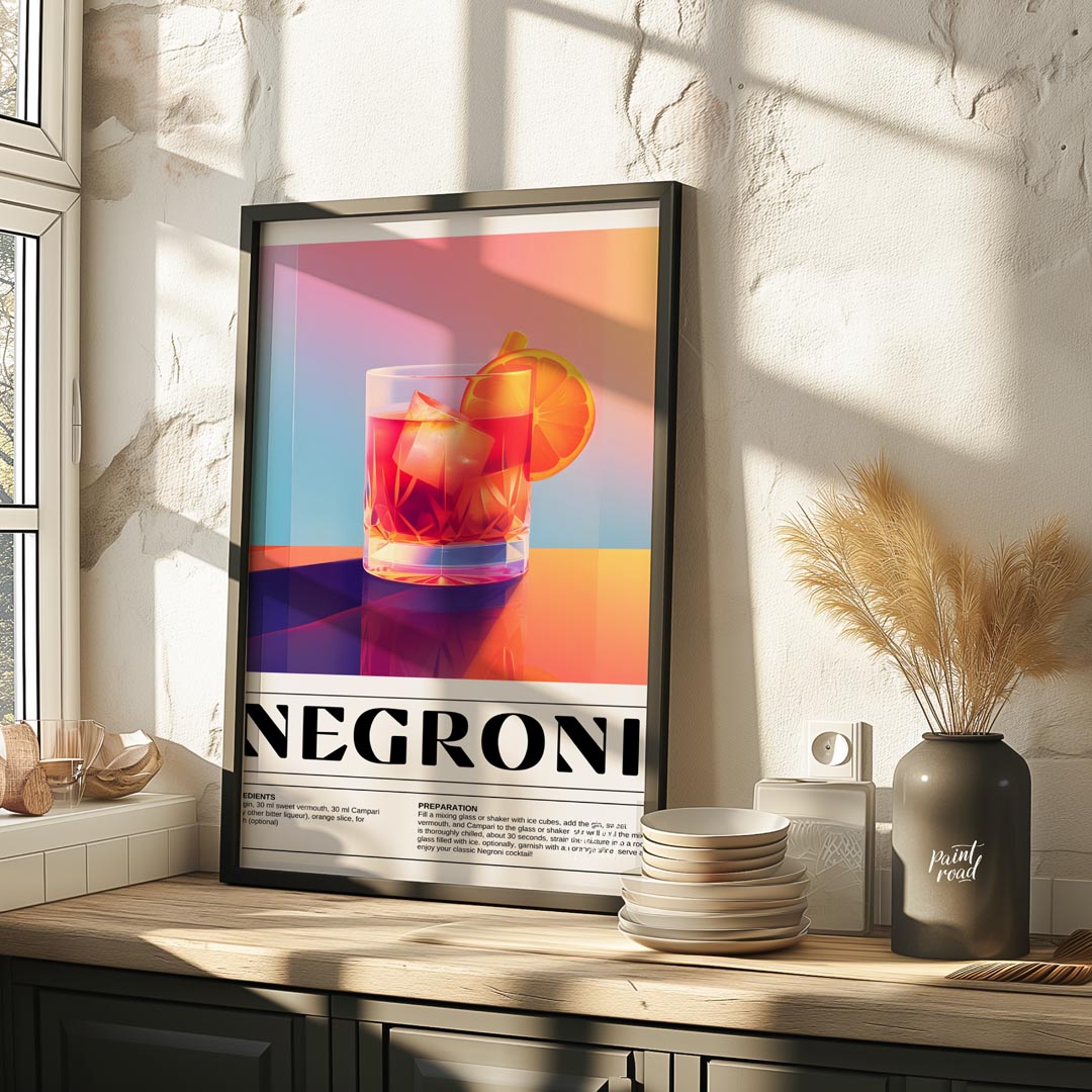 This bold and vibrant poster features a classic Negroni cocktail, depicted in a sturdy rocks glass … for kitchen