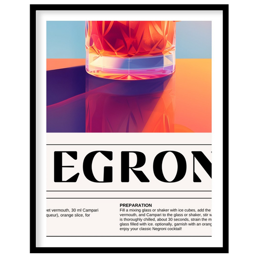 This bold and vibrant poster features a classic Negroni cocktail, depicted in a sturdy rocks glass … for sweet home