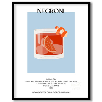 This striking minimalist poster presents a bold illustration of a Negroni cocktail. The drink is sh… for home