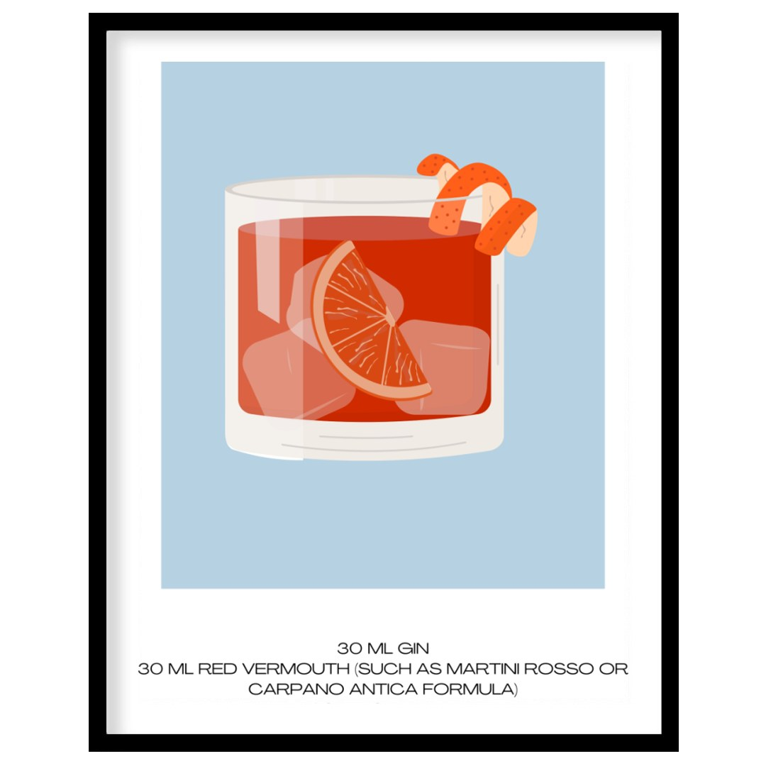 This striking minimalist poster presents a bold illustration of a Negroni cocktail. The drink is sh… for home