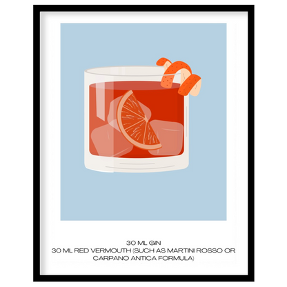 This striking minimalist poster presents a bold illustration of a Negroni cocktail. The drink is sh… for home