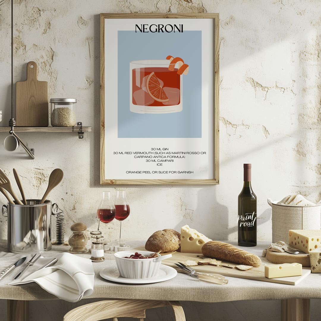 This striking minimalist poster presents a bold illustration of a Negroni cocktail. The drink is sh… for kitchen