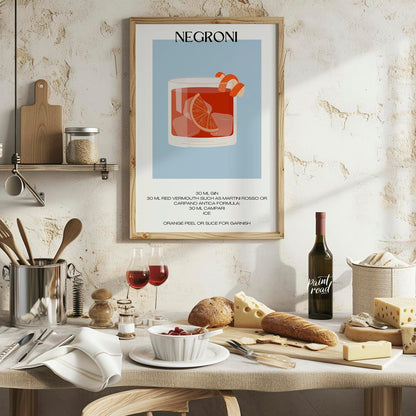This striking minimalist poster presents a bold illustration of a Negroni cocktail. The drink is sh… for kitchen