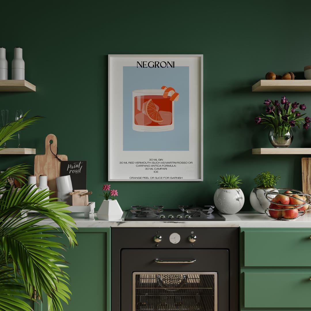 This striking minimalist poster presents a bold illustration of a Negroni cocktail. The drink is sh… for kitchen