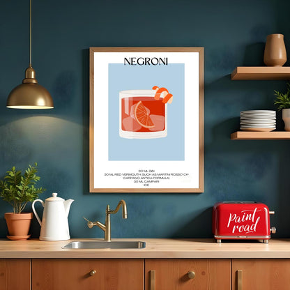 This striking minimalist poster presents a bold illustration of a Negroni cocktail. The drink is sh… for kitchen