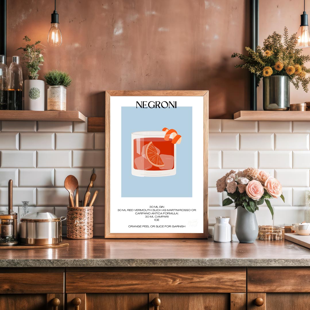 This striking minimalist poster presents a bold illustration of a Negroni cocktail. The drink is sh… for kitchen