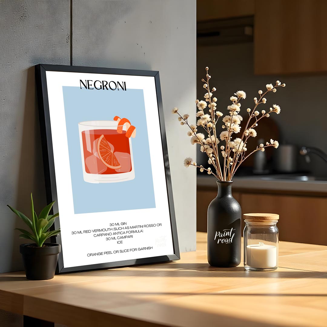 This striking minimalist poster presents a bold illustration of a Negroni cocktail. The drink is sh… for kitchen