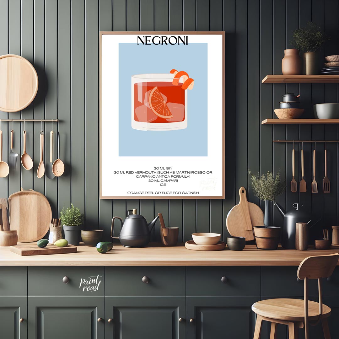 This striking minimalist poster presents a bold illustration of a Negroni cocktail. The drink is sh… for kitchen