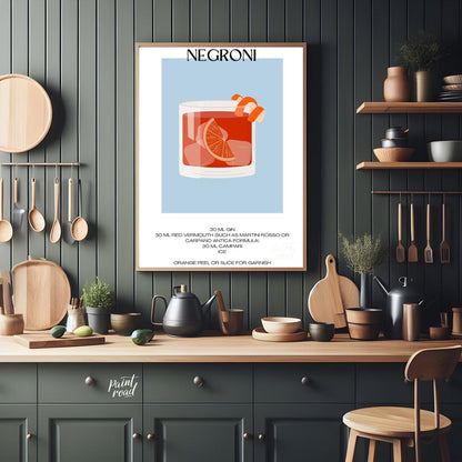 This striking minimalist poster presents a bold illustration of a Negroni cocktail. The drink is sh… for kitchen