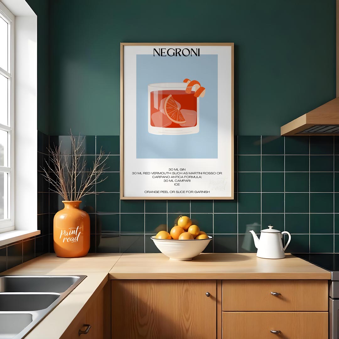 This striking minimalist poster presents a bold illustration of a Negroni cocktail. The drink is sh… for kitchen